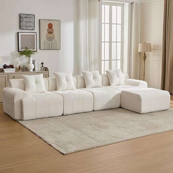 129.23”Modular Sectional Couch for Living Room, Modren L-Shape Cloud Sectional 4-Seater Sofa with Movable Ottoman, Woven Texture Upholstery Boneless Couch, No Assembly, Beige