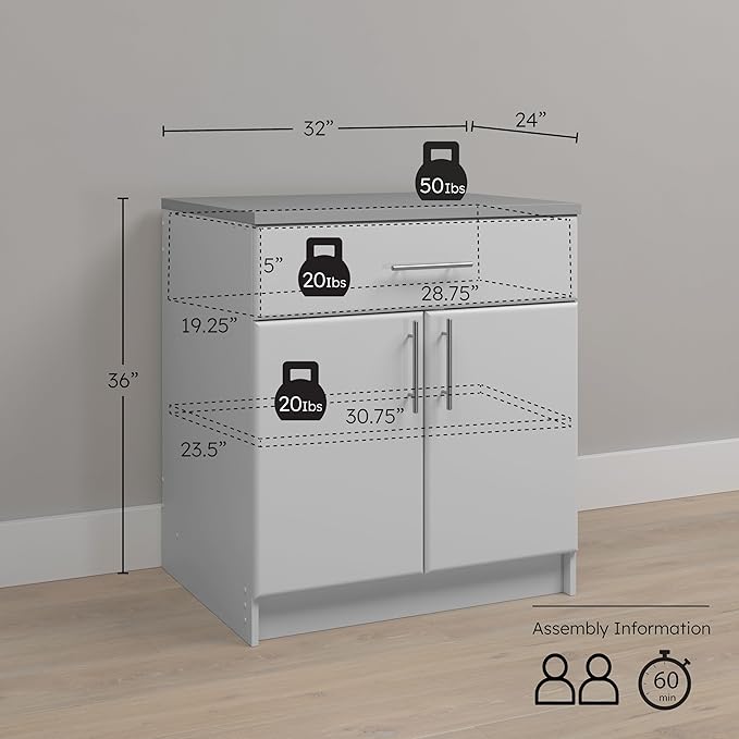 Prepac Elite 36" Tall Storage Cabinet with Doors and Shelves, Multipurpose Garage Cabinet with Large Drawer and Adjustable Shelf, Open Back Storage Furniture for Kitchen, Laundry Room, Garage, White