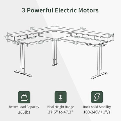 FEZIBO 75", 265lbs Load Capacity, L Shaped Standing Desk with Drawers, Reversible Electric Standing Gaming Desk Adjustable Height, Corner Stand up Desk with Splice Board, Black Frame/Black Top