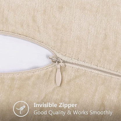decorUhome Chenille Soft Throw Pillow Covers 24x24 Set of 2, Farmhouse Velvet Neutral Decorative Euro Pillow Covers with Stitched Edge for Couch Sofa Bed Home Decor, Beige