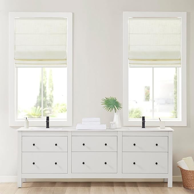 Madison Park Kyler Cordless Roman Shades - Single Panel, Lightweight Linen Blend Fabric, Natural Design, Easy Installation, Light Filtering Window Blind, Bedroom, Living Room Decor 27"W x 64"L Ivory