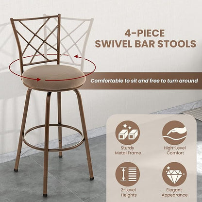 COSTWAY Bar Stools for Kitchen Island, 24/30 Inch Adjustable Seat Height Swivel Barstools, Plush Fabric Cushioned Seat & Cozy Backrest, Extra Leg Tubes for Height Adjustment, for Kitchen, Bar (4)