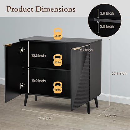 Fluted Black Storage Cabinet with Doors, Wood Sideboard Buffet Cabinet with Adjustable Shelf, Modern Accent Table for Living Room, Entryway