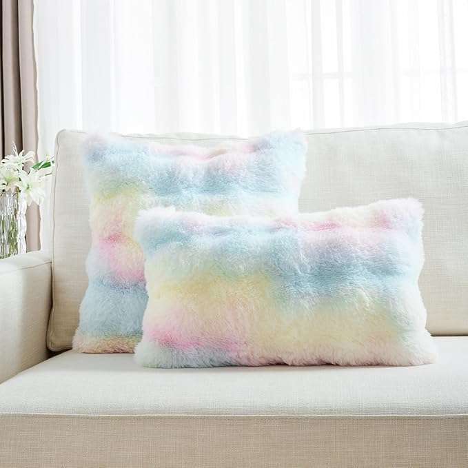 FUTEI Rainbow Decorative Throw Pillow Covers 22x22 Inch Set of 2,Soft Fuzzy Faux Rabbit Fur Cushion Covers with Raised Texture,Neutral Boho Home Decor for Couch Bed Living Room