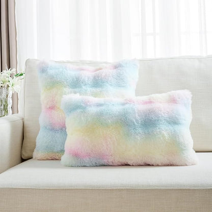 FUTEI Rainbow Decorative Throw Pillow Covers 22x22 Inch Set of 2,Soft Fuzzy Faux Rabbit Fur Cushion Covers with Raised Texture,Neutral Boho Home Decor for Couch Bed Living Room