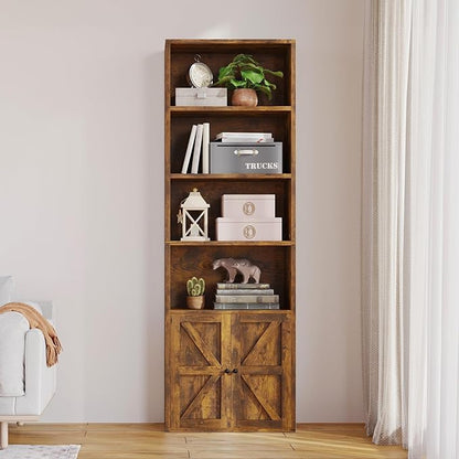 MXV Bookshelf Bookcase with Doors, 6 Tier 71" Tall Wooden Storage Shelves Organizer, Floor Standing Display Cabinet Shelves, Home Decor Furniture for Home Office, Living Room, Bedroom, Brown