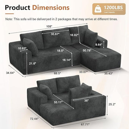 108” Cloud Sectional Couch, Modular Sectional Sofa with Deep Seat, Corduroy Boneless Couches with Chaise for Living Room Bedroom, No Assembly Required