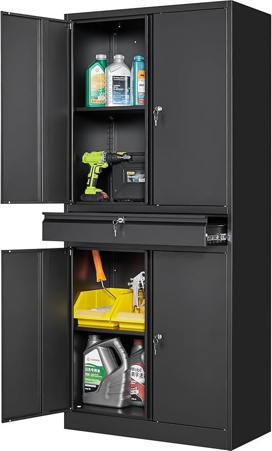 SISESOL Metal Garage Storage Cabinet with Drawer and Lock,Black Metal Storage Cabinet with Locking Doors and Adjustable Shelves,71" Tall Large Steel Tool Cabinets for Home,Office,Garage,Shop