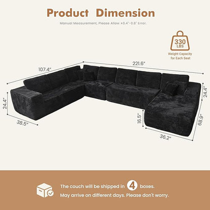165.7'' U Shaped Sectional Couches for Living Room, Oversized Boneless Cloud Couch with Chaise, Modular Sofa Sets Deep Seat Plush Corduroy, No Assembly Required,Plush Corduroy,Black