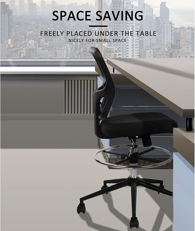 Armless Drafting Chair Tall Office Chair Adjustable Height High Back Ergonomic Desk Chair Drafting Stool Rolling Bar Stools Chairs with Footrest and Wheels