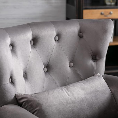 Accent Reading Arm Chairs Set of 2 for Living Room Bedroom, Midcentury Modern Comfy Corner Sofa Chair, Wingback Waiting Room Club Chair with Button Tufted Back &Lumbar Pillow, Velvet Grey