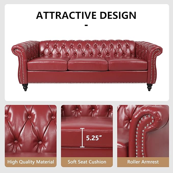 Home Sofa Living Room Furniture, 3 Seater Leather Upholstered Sofa Couch, Modern Comfy Couch with Faux Leather Cushions, Mid Century Tufted Chesterfield Sofas for Bedroom, Office, Apartment (Wine Red)