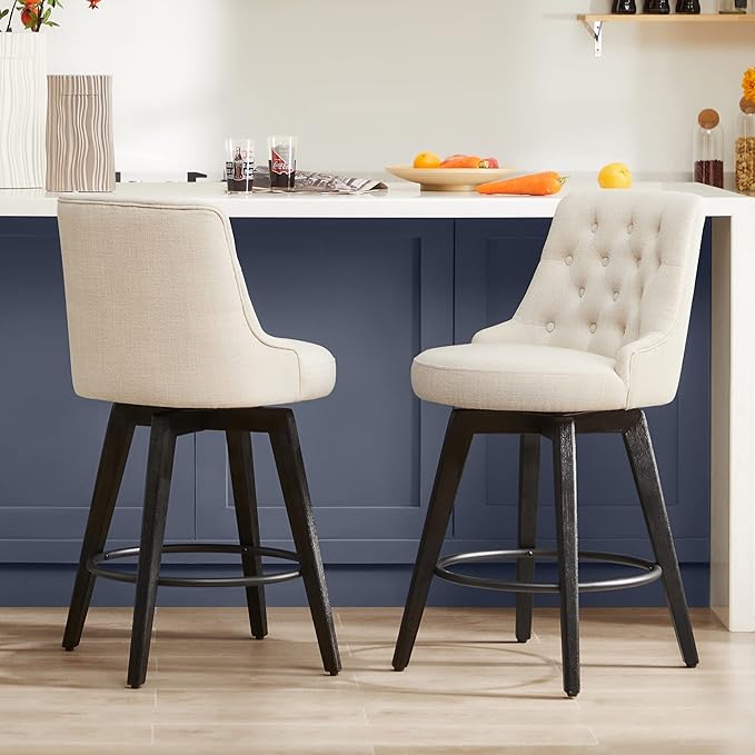 Watson & Whitely Modern Swivel Bar Stools, Performance Fabric Upholstered Counter Height Bar Stool with Back, Solid Wood Legs, 26" H Seat, Set of 2, Tan