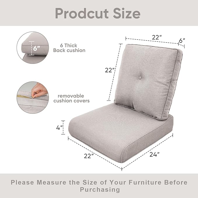 7-Piece Outdoor Patio Cushion Set - Fade & Water Resistant with Removable Olefin Cover, 22x24x4 Inch Memory Foam Cushions for Wicker Sectional Sofa – Beige/Buckle
