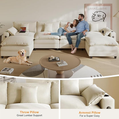 Cloud Couch, Modular Sectional Sofa with Ottoman, Charging Station, Throw Pillows, Cup Holders, Modern Convertible L Shaped Couches for Living Room, Bedroom (White, 152"- U Shape)