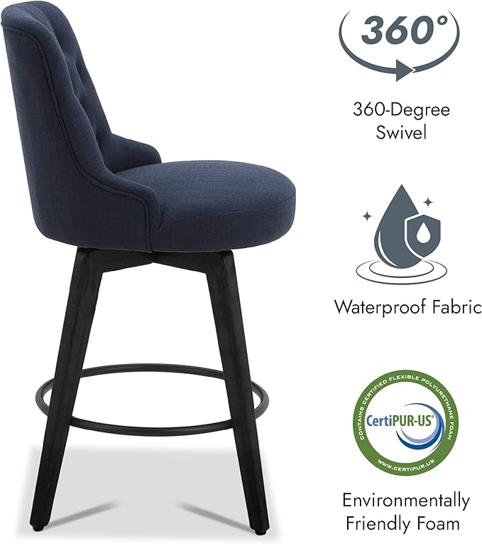 Watson & Whitely Counter Height Bar Stools, Performance Fabric Upholstered Modern Swivel Barstool with Back, Solid Wood Legs, 26" H Seat, Insignia Blue