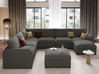 EASE MOOSE Modular Sectional Sofa, Oversized Faux Leather Sectional with Ottoman, Wide Deep Modular Couch, Scratch Resistant Faux Leather Material, U Shaped Couch for Big Spaces, Grey