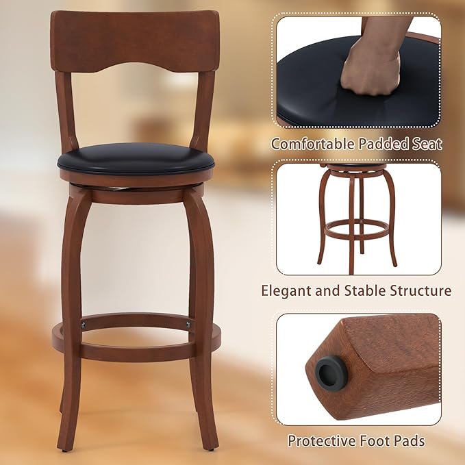 COSTWAY Bar Stools Set of 4, 29 Inch Swivel Bar Height Chairs with Rubber Wood Frame, Upholstered Seat, High Back Barstools for Kitchen Island, Home Bar, Pub, Brown (4, Seat Height: 29”)