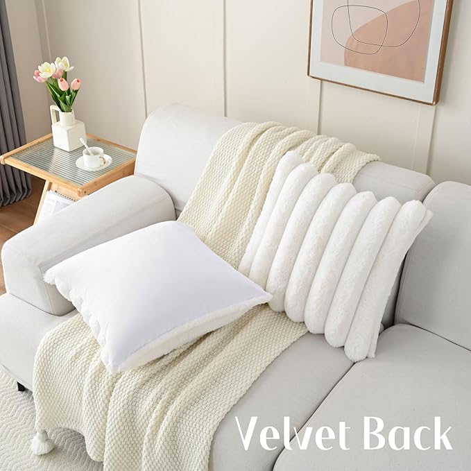 FUTEI Cream White Decorative Throw Pillow Covers 26x26 Inch Set of 2, Square Soft Faux Rabbit Fur Thick Striped Euro Pillow Shams,Winter Home Decor for Couch Bed Living Room