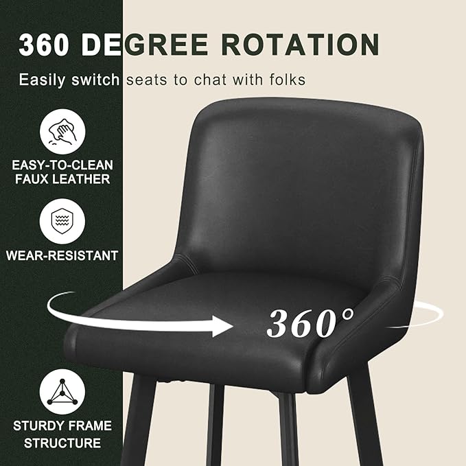 Swivel Bar Stools, 30''H Upholstered Barstools with Backs, Modern Counter Height Bar Stool Chairs for Kitchen Island, Metal Legs (Black- Faux Leather, Set of 4-30" H)