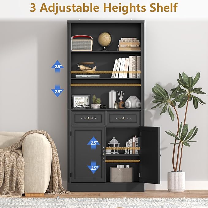 72'' Tall Bookcase with Doors and Drawers, Adjustable Shelves, P2 MDF Construction, 32'' Wide Freestanding Cabinet with Metal Handles, Hidden Storage for Living Room, Bedroom, Black