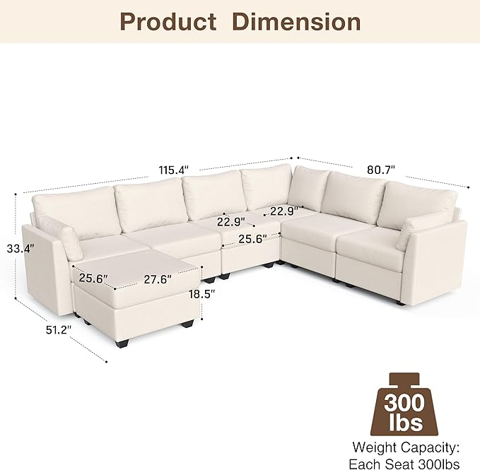 Modular Sectional Sofa Couches, Large Convertible Modular Couches with Storage, 7-Seater Sectional Sofa for Living Room, U Shaped Sectional Couch Sleeper Sofa with Chaise (Beige, 7 Seats)