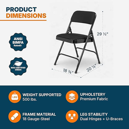 OEF Furnishings OEF2200 Series Heavy-Duty Premium Fabric Padded Upholstery Double-Hinged Folding Chairs (4-Pack, Classic Black)