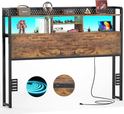 Unikito Headboard for Queen Size Bed with Storage Shelf, Head Board with 3 Outlets and 2 USB Ports, Headboards with RGB LED Light, Height Adjustable, Sturdy and Stable, Easy Assembly, Rustic Brown