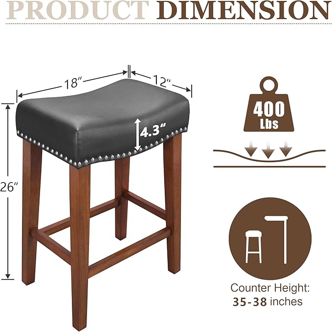 PrimeZone Counter Height Bar Stools Set of 6 - Backless Saddle Barstools with 4.3" Thick Upholstered, Nailhead Trim Faux Leather & Solid Wood Legs, 26 Inch Counter Stools for Kitchen Island, Black