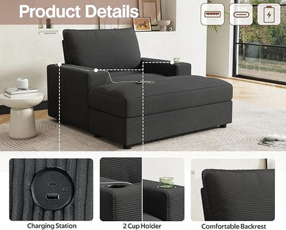 Christopher Knight Home Zoe Oversized Chaise Lounge Chair Indoor with Cup Holders & USB Charging Port, Corduroy Upholstered Sofa Bed + Ottoman with Storage, Comfy Deep Seat Sleeper Sofa Chair, Grey