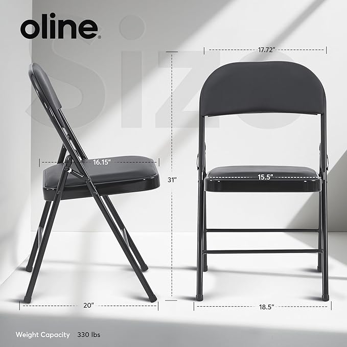 Oline Vinyl Folding Chairs, Padded Vinyl Cushion Chairs with Durable Metal Frame, Indoor Outdoor Stackable Foldable Guest Chairs for Office Wedding Kitchen Dining, 300lb Capacity (Black, 4 Pack)