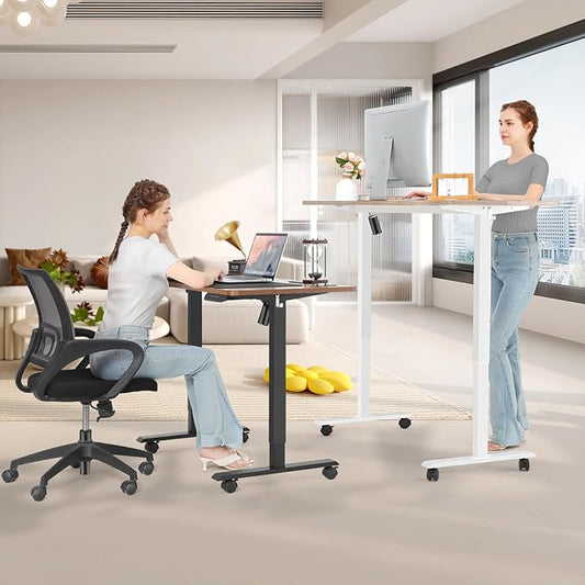 Electric Standing Desk 55x24 in with Wheels, Adjustable Height 27-46 in, Ergonomic Sit-Stand Desk with Curved Desktop and Smooth Motor, Spacious and Sturdy Workstation for Home Office（White