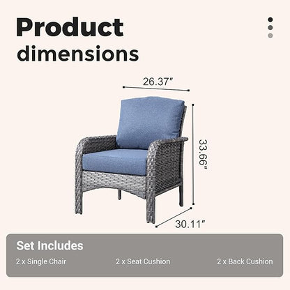 2 Pieces Wicker Patio Chairs - Outdoor Rattan Chairs Set of 2,All-Weather PE Wicker Dining Chair Set with High Back and Deep Seating for Deck Porch,Blue