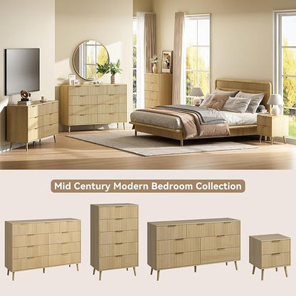 CARPETNAL Fluted 9 Drawer Dresser for Bedroom, 55" Wide Wooden Chest of Drawers with Rounded Corners, Gold Handles, Modern Storage Organizer for Bedroom, Hallway (Oak)
