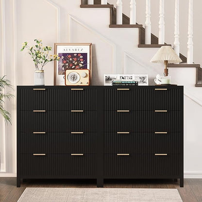 4 Drawer Double Dressers for Bedroom with Waveform Fluted Panel Design, Modern Wide Chest of Drawers,Wood Storage Dresser Chest of Drawers for Bedroom Living Room Hallway Closet, Black 2 Sets