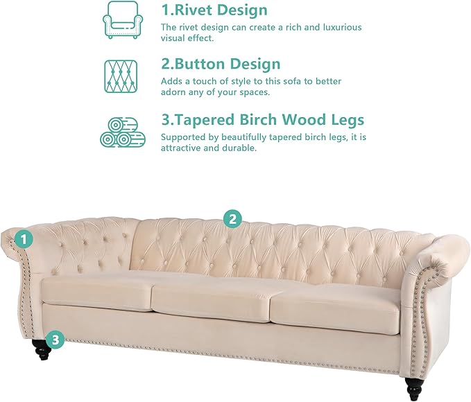 Home Sofa Living Room Furniture, 3 Seater 84" Velvet Upholstered Couch, Mid Century Modern Comfy Couch with Cushions, Classic Tufted Chesterfield Couches for Bedroom, Office, Apartment (Beige)