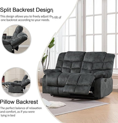 CANMOV Manual Loveseat Recliner, 2 Seat Recliner Sofa Chair with Armrest and Overstuffed Backrest, Couch Set for Living Room, Bedroom, Office, Grey