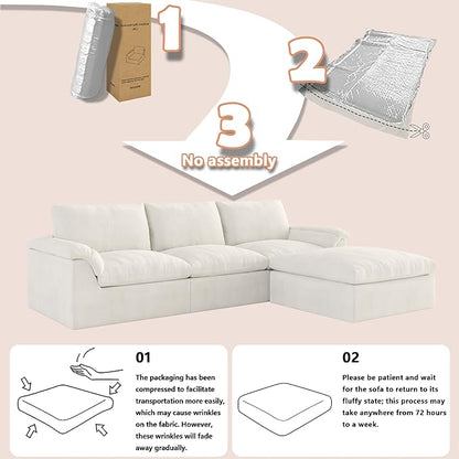 EASE MOOSE Oversized Boneless Cloud Couch for Living Room, Modular Sectional Sofa L-Shape, Cloud Sofa Set with Fluffy Foam, 4-Seat Deep Comfy Sofa with Ottoman for Bedroom Apartment, Chenille (White)