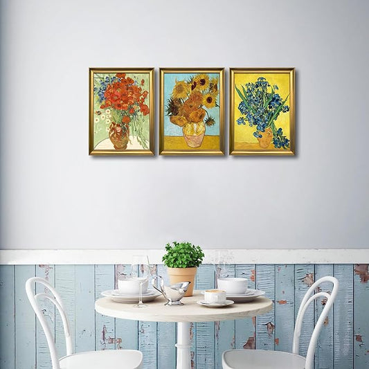 Wieco Art Framed 3 Panels Wall Art of Vincent Van Gogh Paintings Red Poppies and Daisies Sunflower Irises in Vase Canvas Prints for Wall and Home Decorations Bronze Gold Frame