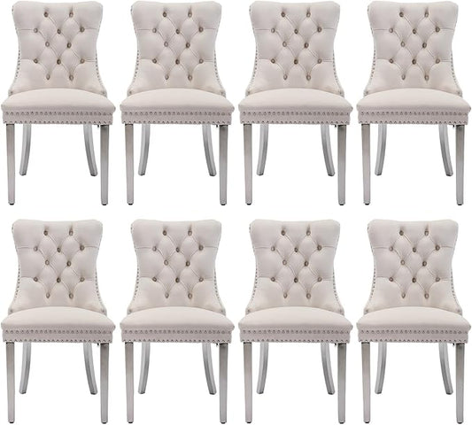Velvet Upholstered Dining Chairs Set of 8, Modern Style Kitchen Side Chairs with Nailhead Trim and Silver Plated Leg, Metal Pulling Ring for Dining Room Living Room(Creamy White)