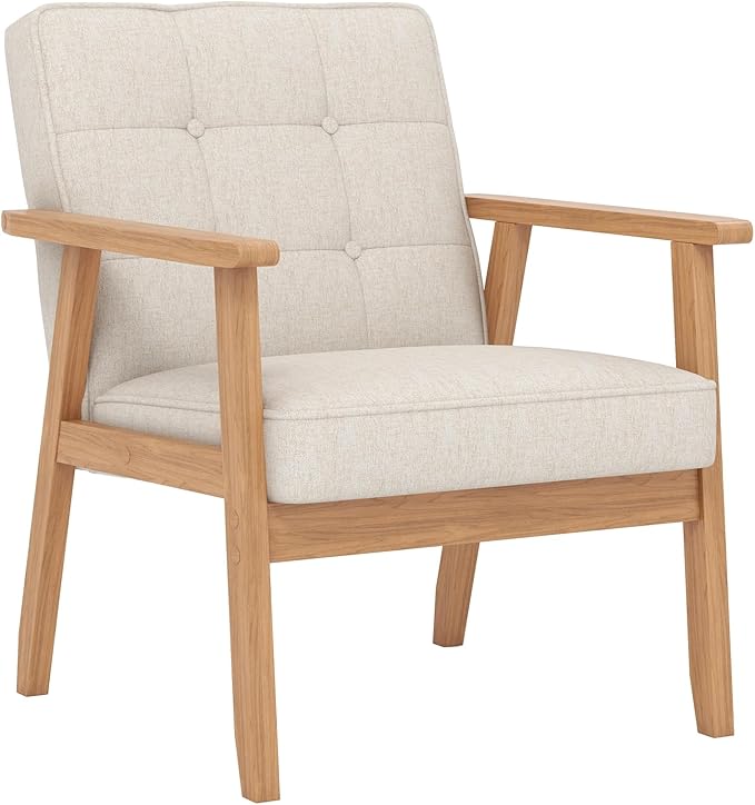 KCC Mid-Century Modern Linen Fabric Accent Chair, Upholstered Tufted Leisure Chair Comfy Reading Side Chair with Armrest and Solid Wood Frame for Living Room Bedroom Balcony(Beige)