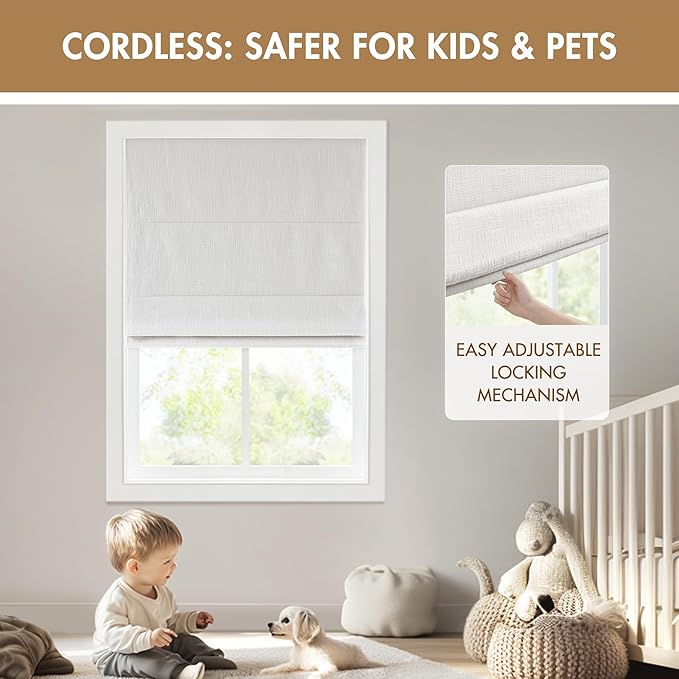 Madison Park Cordless Roman Shades, Total Blackout Window Blind Privacy Window Shades, Thermal Insulated Cordless Window Treatment for Bedroom, Living Room, Quincy, Single Panel 34" W X 64" H White