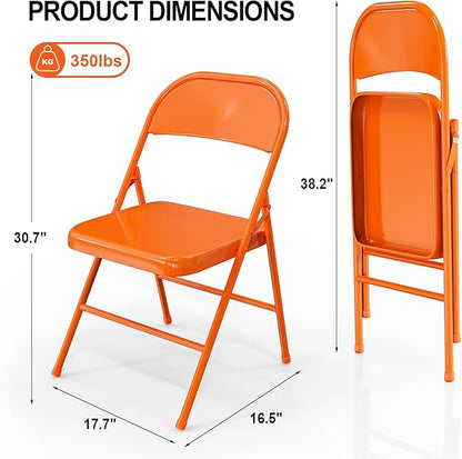 VINGLI Folding Chairs All Steel Metal Frame, Capacity 350 lbs, Durable Portable and Versatile for Indoor Outdoor Use, Orange, Set of 8