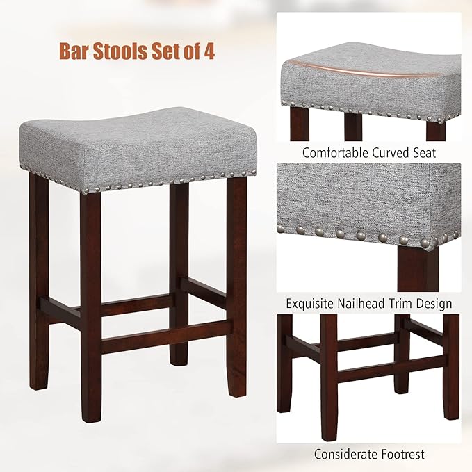 COSTWAY Counter Height Bar Stools Set of 4, 25-inch Backless Saddle Stools with Nailhead Trim, Rubber Wood Frame, Footrest, Max Load 330 Lbs, Upholstered Barstools for Kitchen Island Pub, Grey