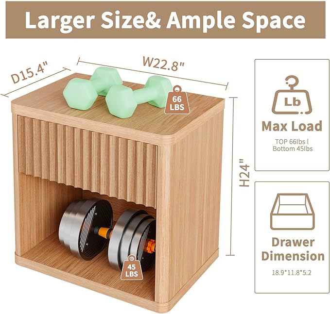 22.8" Fluted Nightstands Set of 2, Large Modern Nightstand with Drawer and Storage Shelf, Oak Finish & Cream, Mid Century Night Stands for Bedroom Living Room Sofa Couch Office
