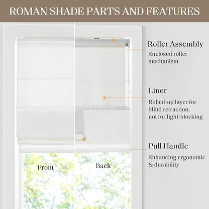 Madison Park Kyler Cordless Roman Shades - Single Panel, Lightweight Linen Blend Fabric, Natural Design, Easy Installation, Light Filtering Window Blind, Bedroom, Living Room Decor 29"W x 64"H White