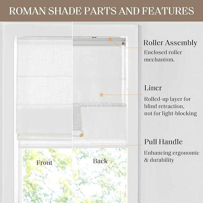 Madison Park Kyler Cordless Roman Shades - Single Panel, Lightweight Linen Blend Fabric, Natural Design, Easy Installation, Light Filtering Window Blind, Bedroom, Living Room Decor 34"W x 64"H White
