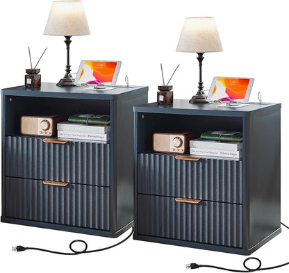 LEYAOYAO Fluted Nightstand Set of 2 with Charging Station,23" Modern Nightstand with Woodgrain Top, 2 Drawer End Table w/Storage, BedsideTables for Bedroom, Living Room, Curved Profile,Blue