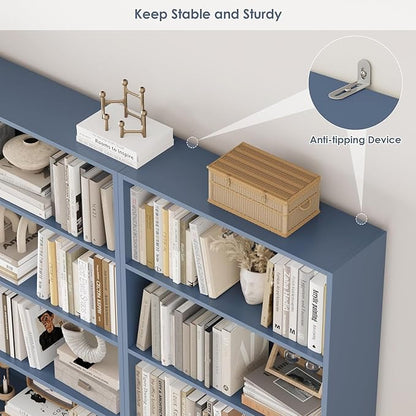 FOTOSOK 70.8" Tall Bookcase Shelf, 6 Tier Wide Bookshelf with Storage, Billy Bookcase Set of 2, Large Bookshelf for Living Room, Home Office,Blue