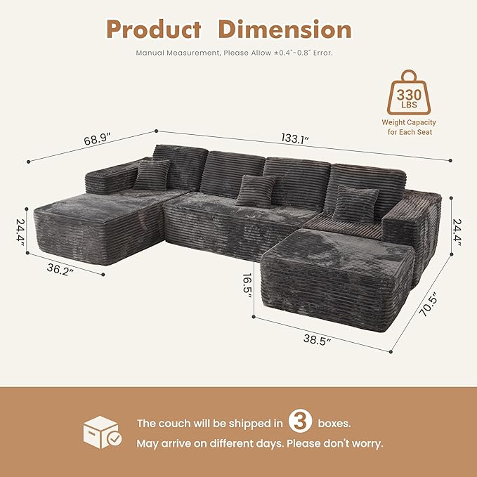 133.1'' Boneless Sectional Couches for Living Room, Oversized Cloud Couch with Chaise & Ottoman, Modular Sofa Sets Deep Seat Plush Corduroy, No Assembly Required,Plush Corduroy,Gray